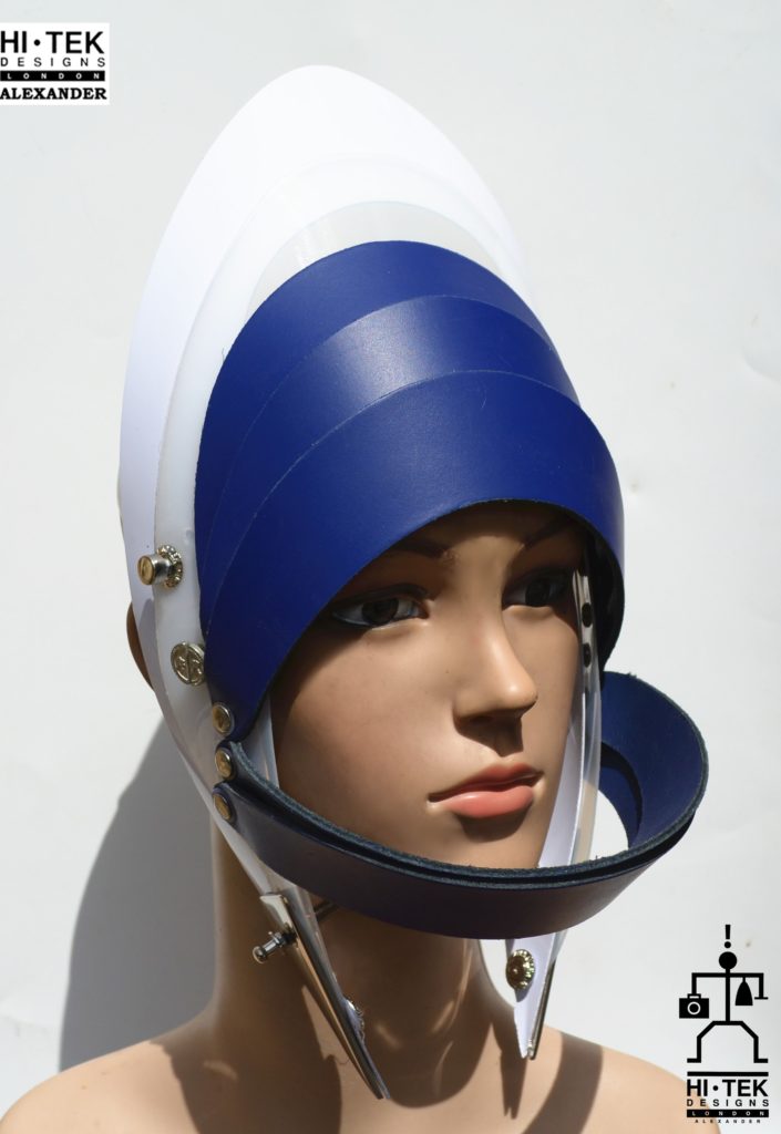 futuristic head wear in entertainment article, wearable art, cobalt blue leather white - Image 2