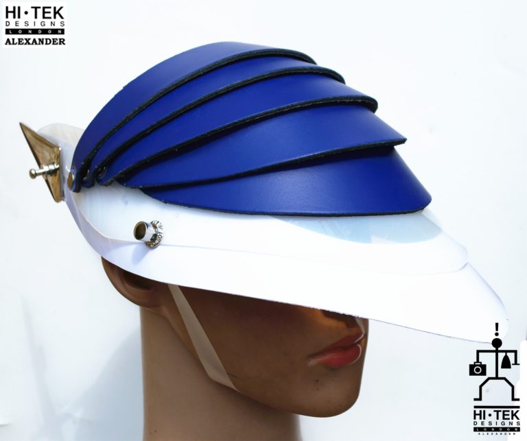 futuristic head wear in entertainment article, wearable art, cobalt blue leather white - Image 5