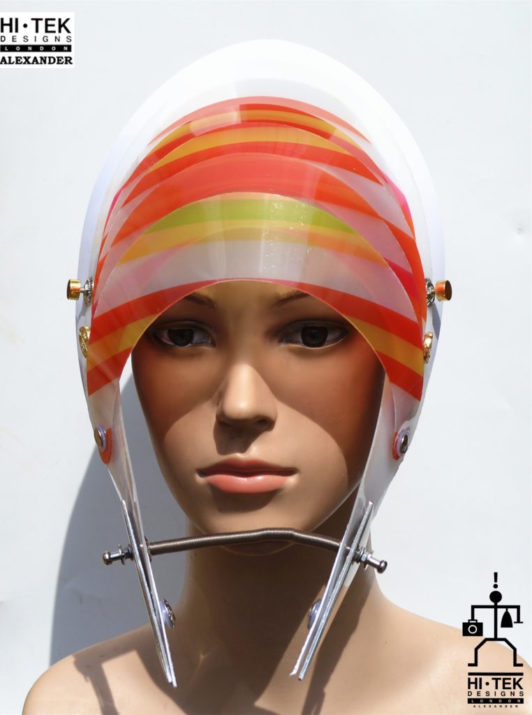 futuristic head wear in entertainment article, wearable art, cobalt multi colour stripe - Image 2
