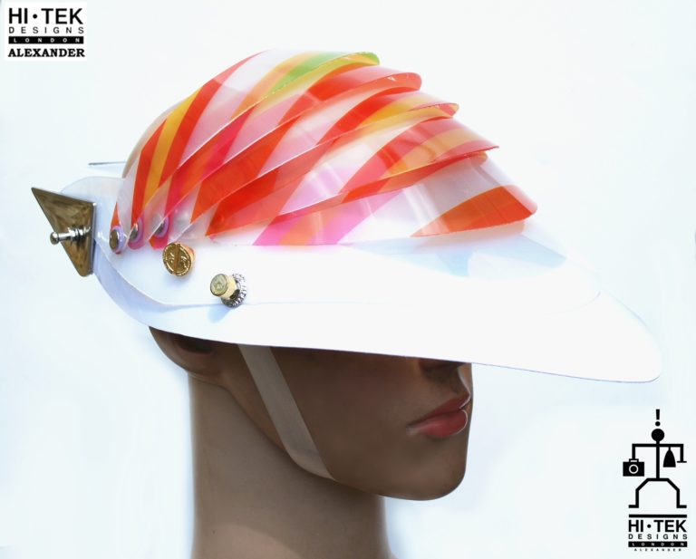 futuristic head wear in entertainment article, wearable art, cobalt multi colour stripe - Image 4