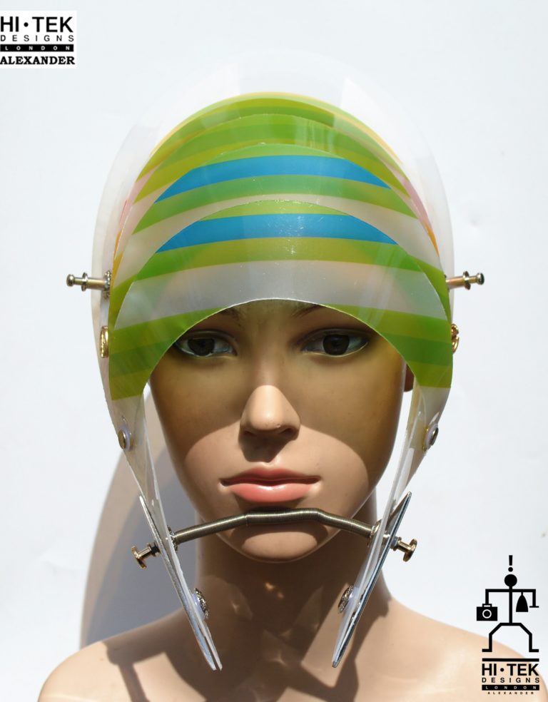 futuristic head wear in entertainment article, wearable art, cobalt multi colour stripe - Image 3