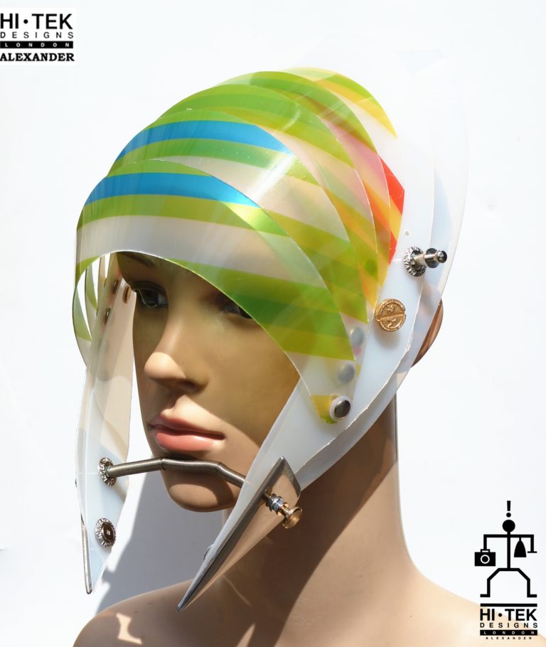 futuristic head wear in entertainment article, wearable art, cobalt multi colour stripe - Image 4