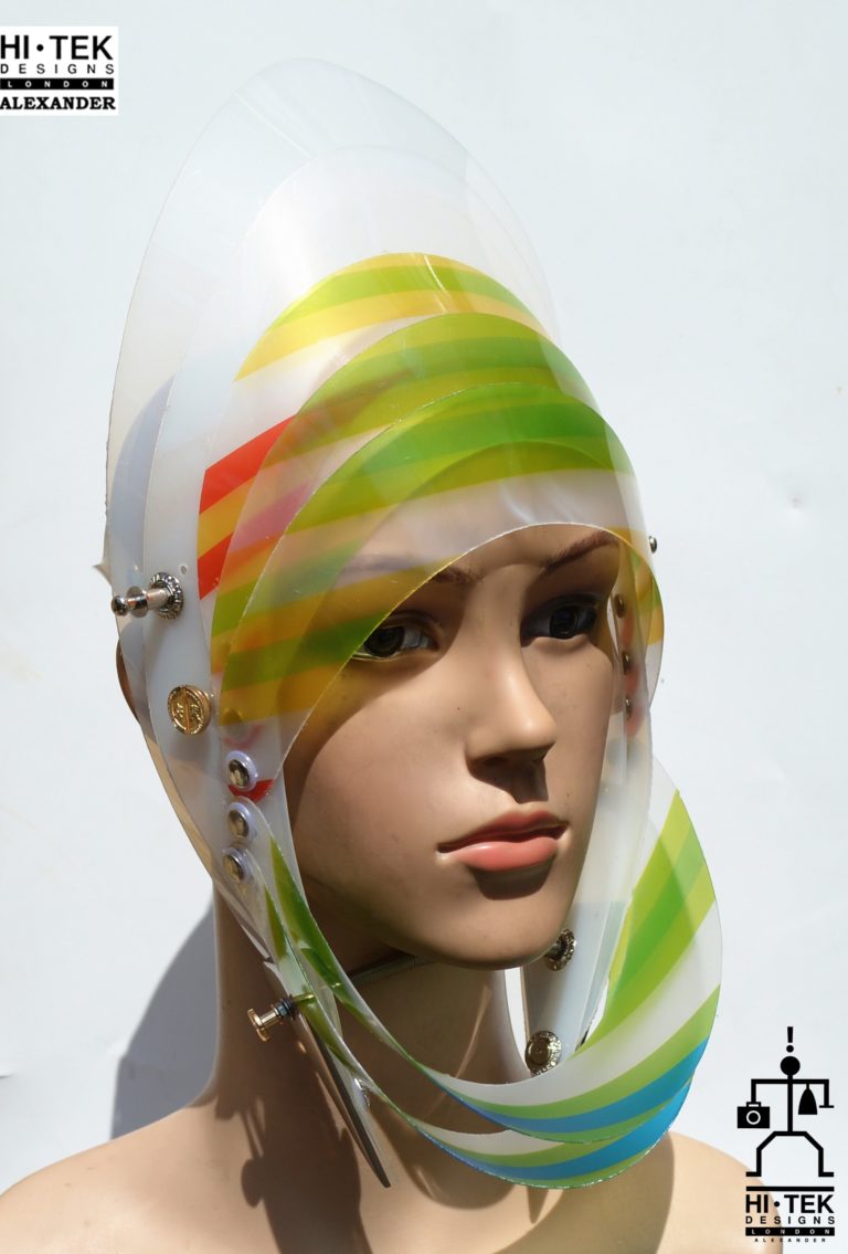 futuristic head wear in entertainment article, wearable art, cobalt multi colour stripe - Image 2