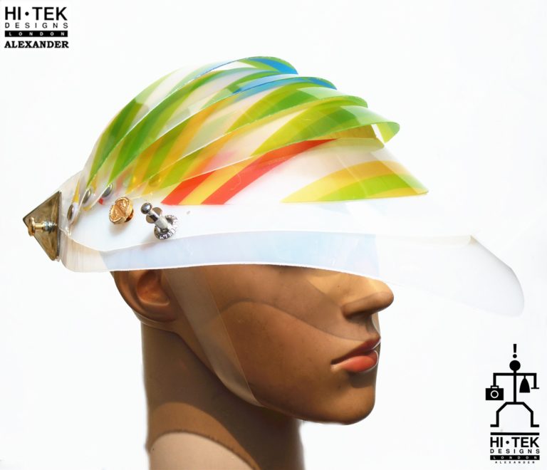 futuristic head wear in entertainment article, wearable art, cobalt multi colour stripe - Image 5