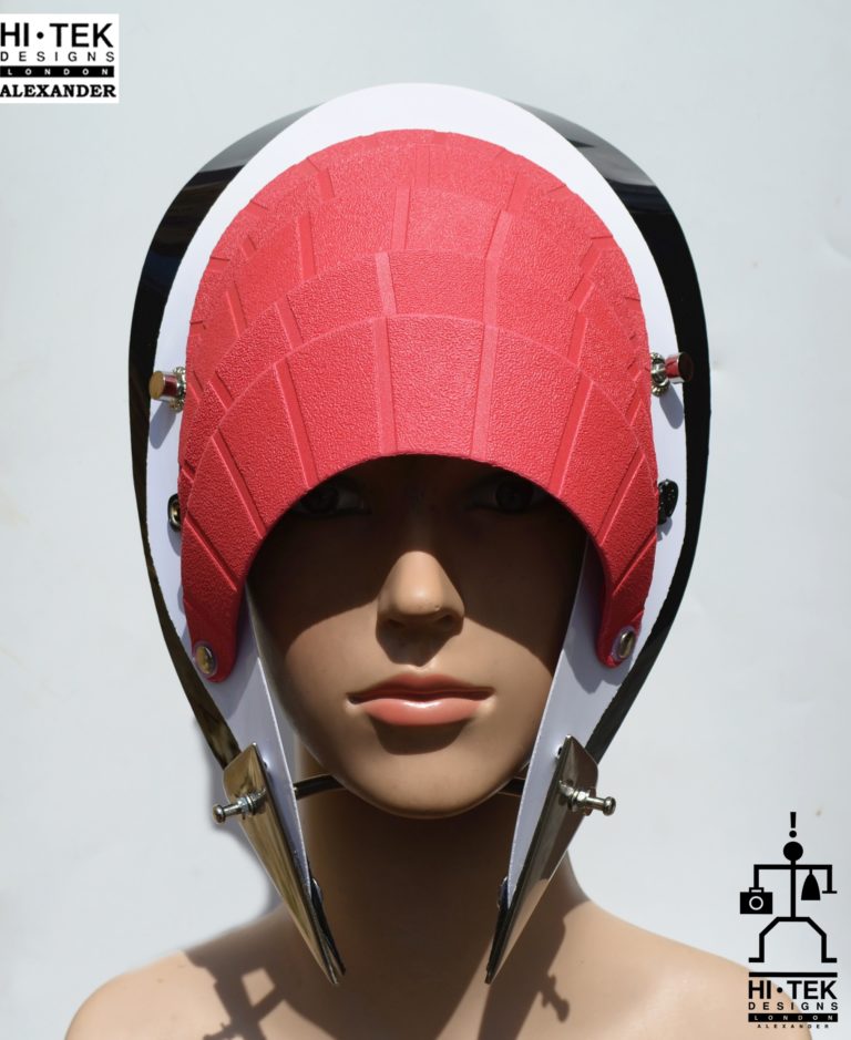 Unusual Head Wear futuristic, mask hat headpiece helmet modern Steampunk wearable art red black - Image 2