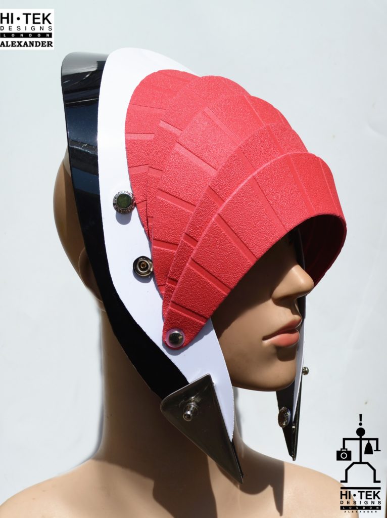 Unusual Head Wear futuristic, mask hat headpiece helmet modern Steampunk wearable art red black - Image 3