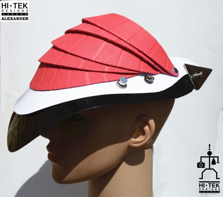 Unusual Head Wear futuristic, mask hat headpiece helmet modern Steampunk wearable art red black - Image 4
