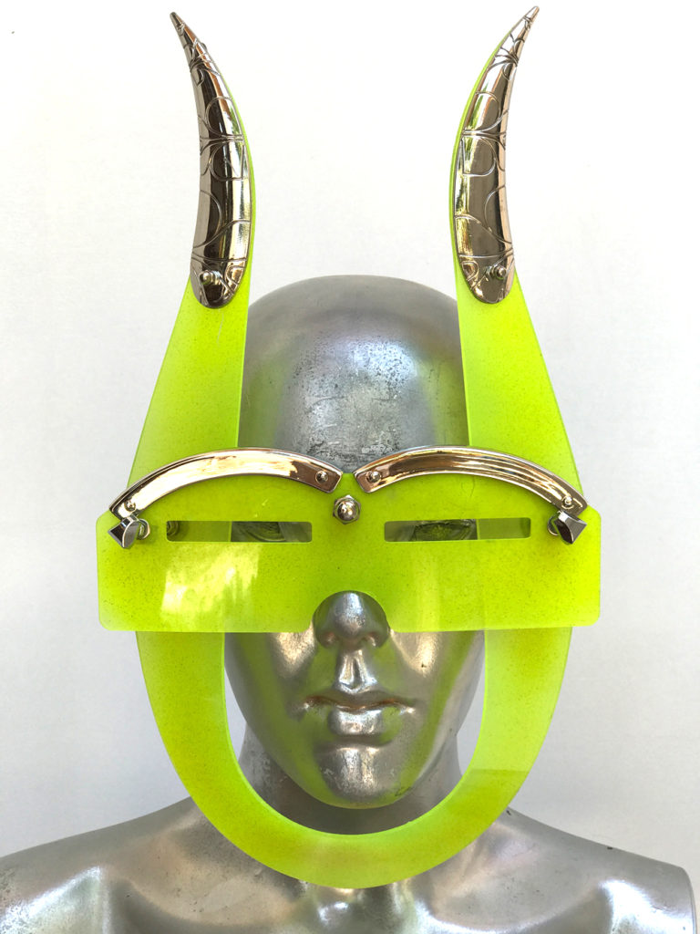 mask with horns and metal components, styling video, Burning Man
