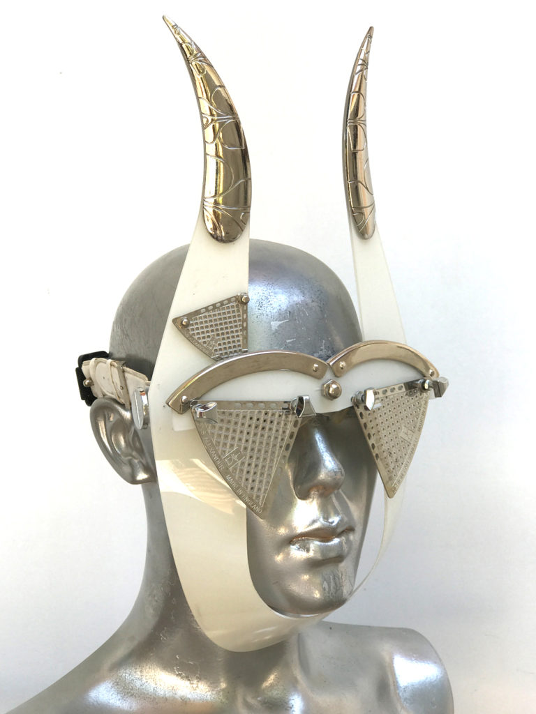 mask with horns and metal components, styling video, Burning Man