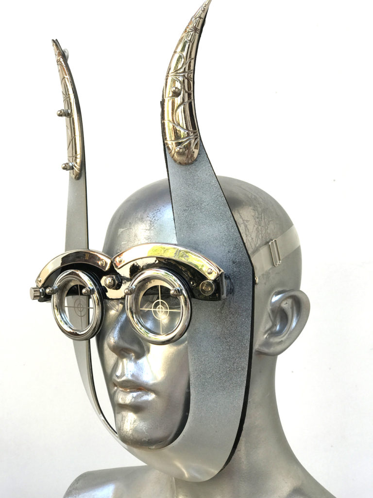 mask with devil horns and perforated metal ocular lens styling video Burning ManHi Tek
