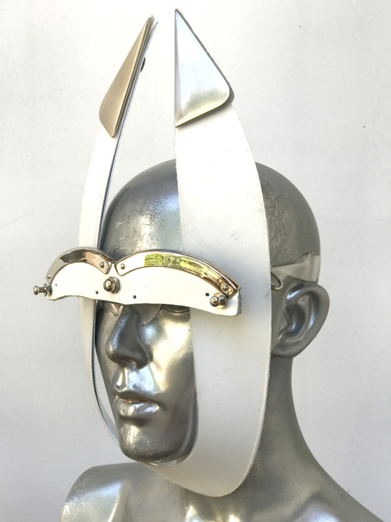 white mask with triangular horns metal components, styling video, Burning Man - Image 2