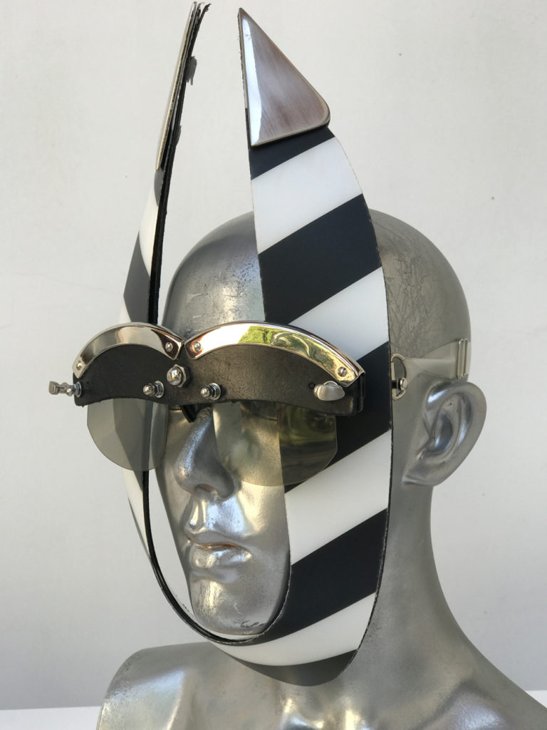 black and white stripe mask with triangular horns metal components, styling video, Burning Man - Image 2