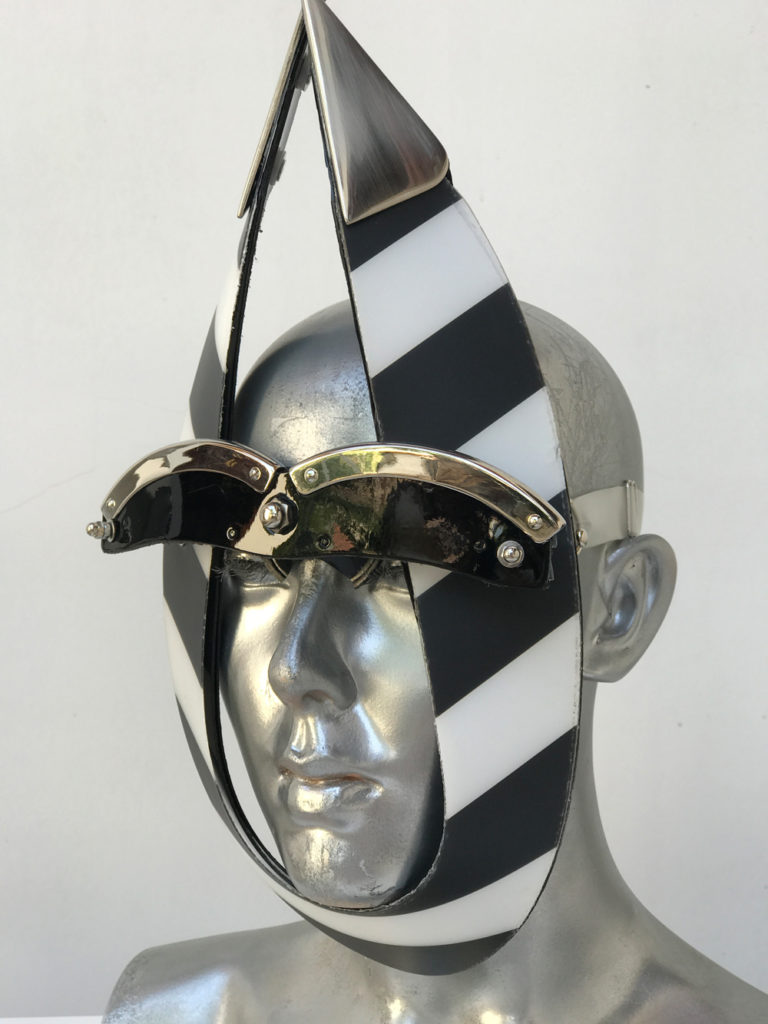 black and white stripe mask with triangular horns metal components, styling video, Burning Man - Image 3