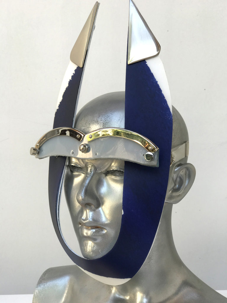 blue and white stripe mask with triangular horns metal components, styling video, Burning Man - Image 2