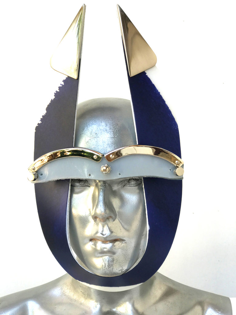 blue and white stripe mask with triangular horns metal components, styling video, Burning Man