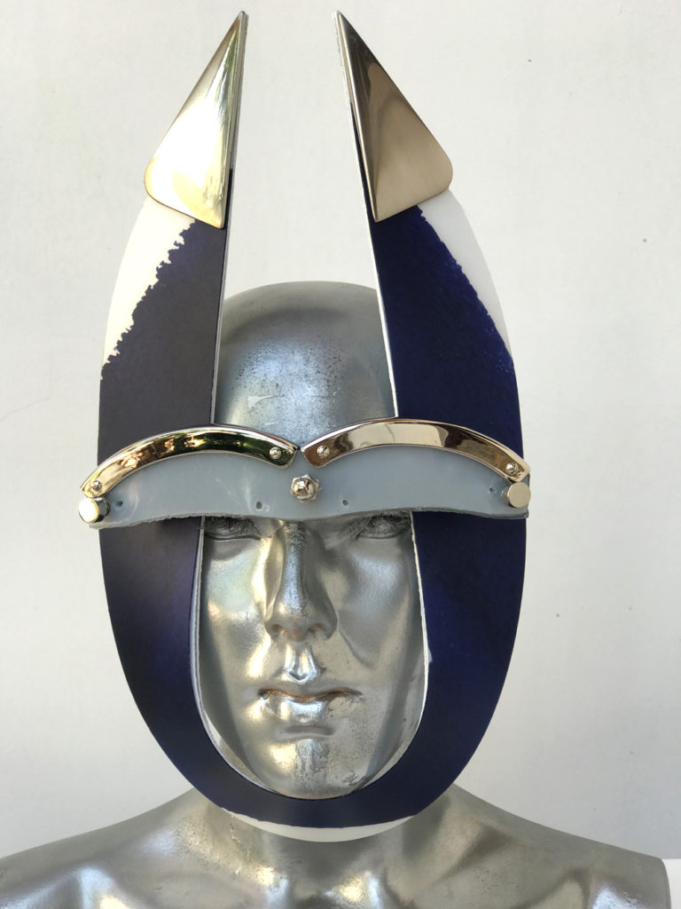 blue and white stripe mask with triangular horns metal components, styling video, Burning Man - Image 3