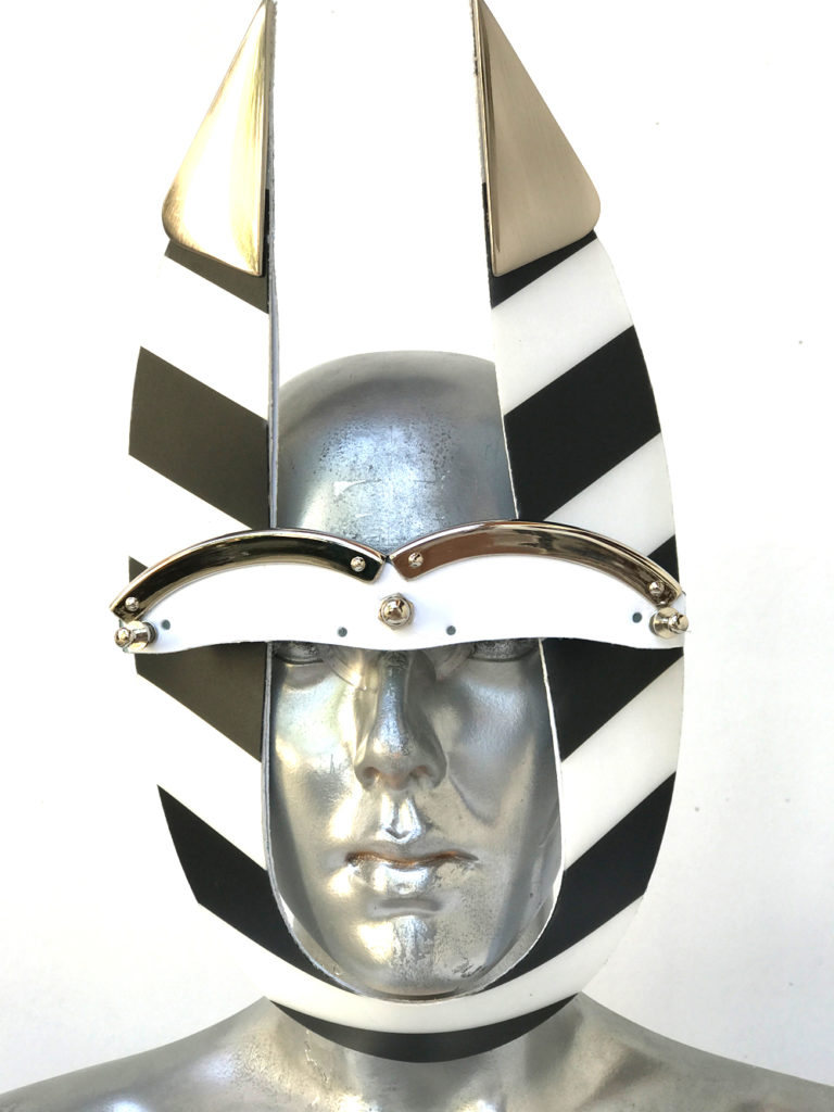 black and white stripe mask with triangular horns metal components, styling video, Burning Man