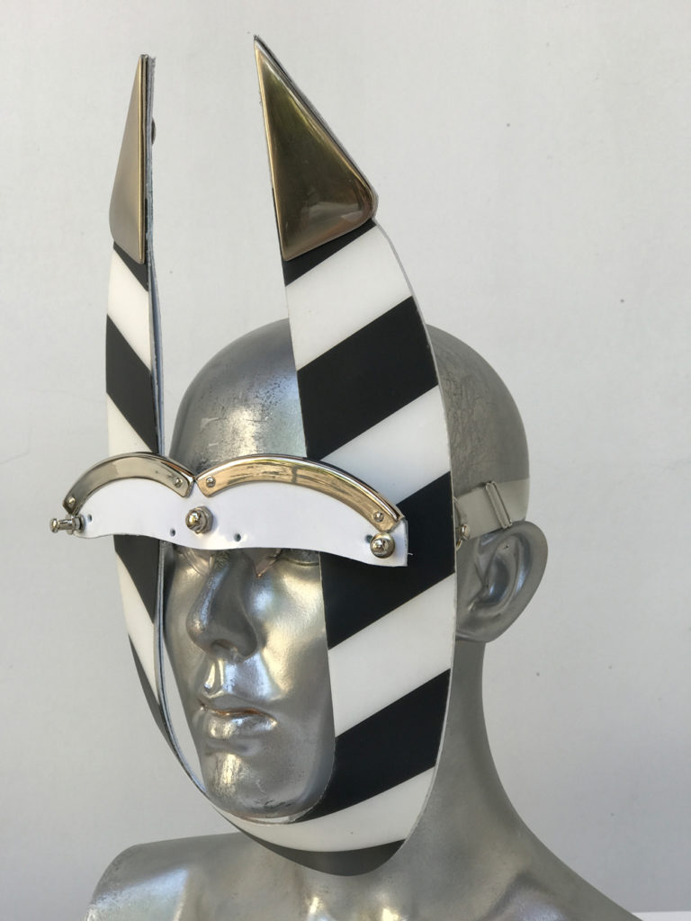 black and white stripe mask with triangular horns metal components, styling video, Burning Man - Image 2