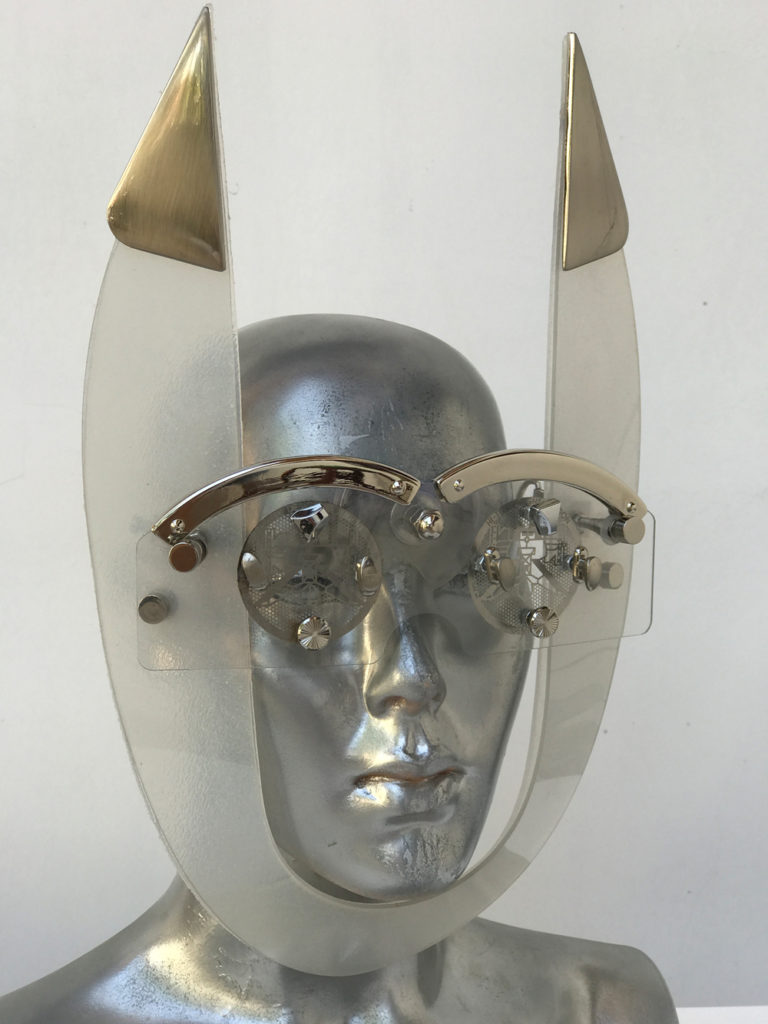 mask with horns perforated metal ocular lens metal components, styling video, Burning Man - Image 3