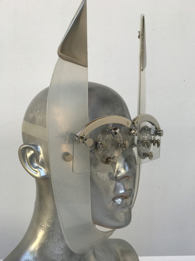mask with horns perforated metal ocular lens metal components, styling video, Burning Man - Image 2