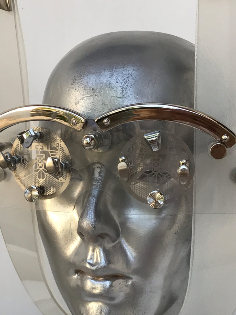 mask with horns perforated metal ocular lens metal components, styling video, Burning Man - Image 4