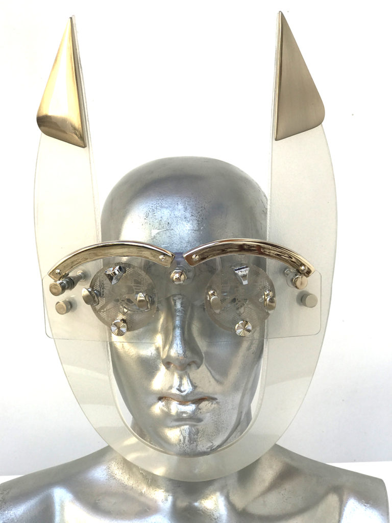 mask with horns perforated metal ocular lens metal components, styling video, Burning Man