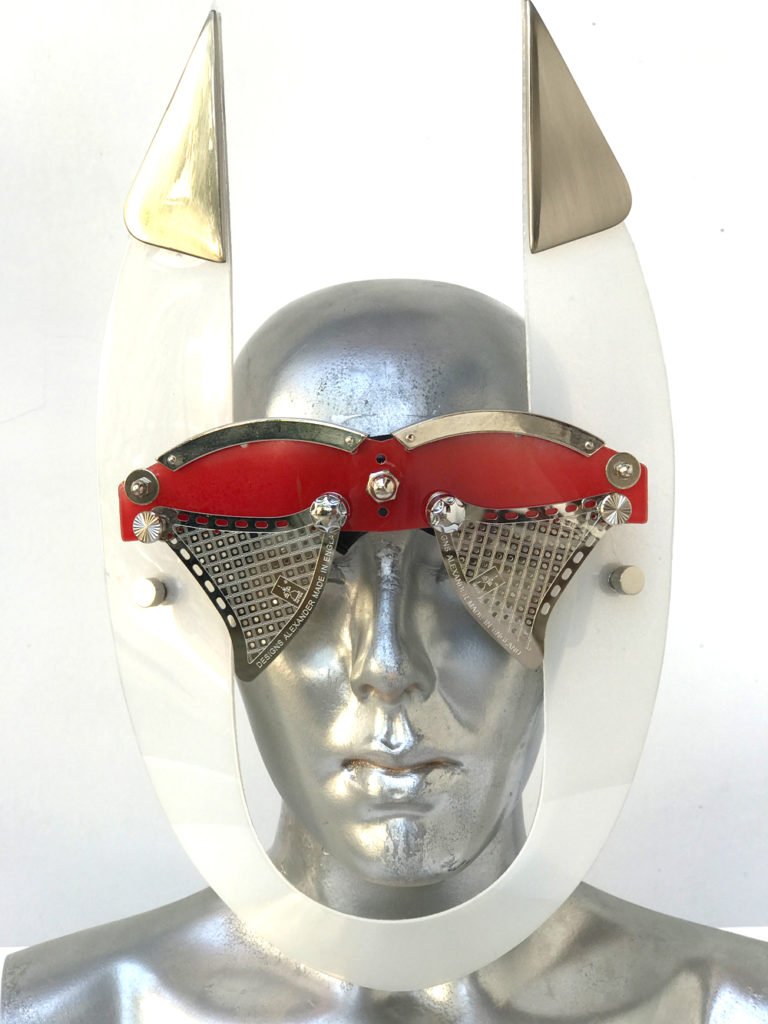 red white mask with horns perforated metal ocular lens metal components, styling video, Burning Man