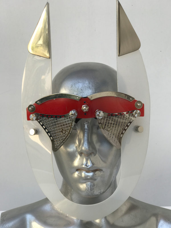 red eyewear with horns
