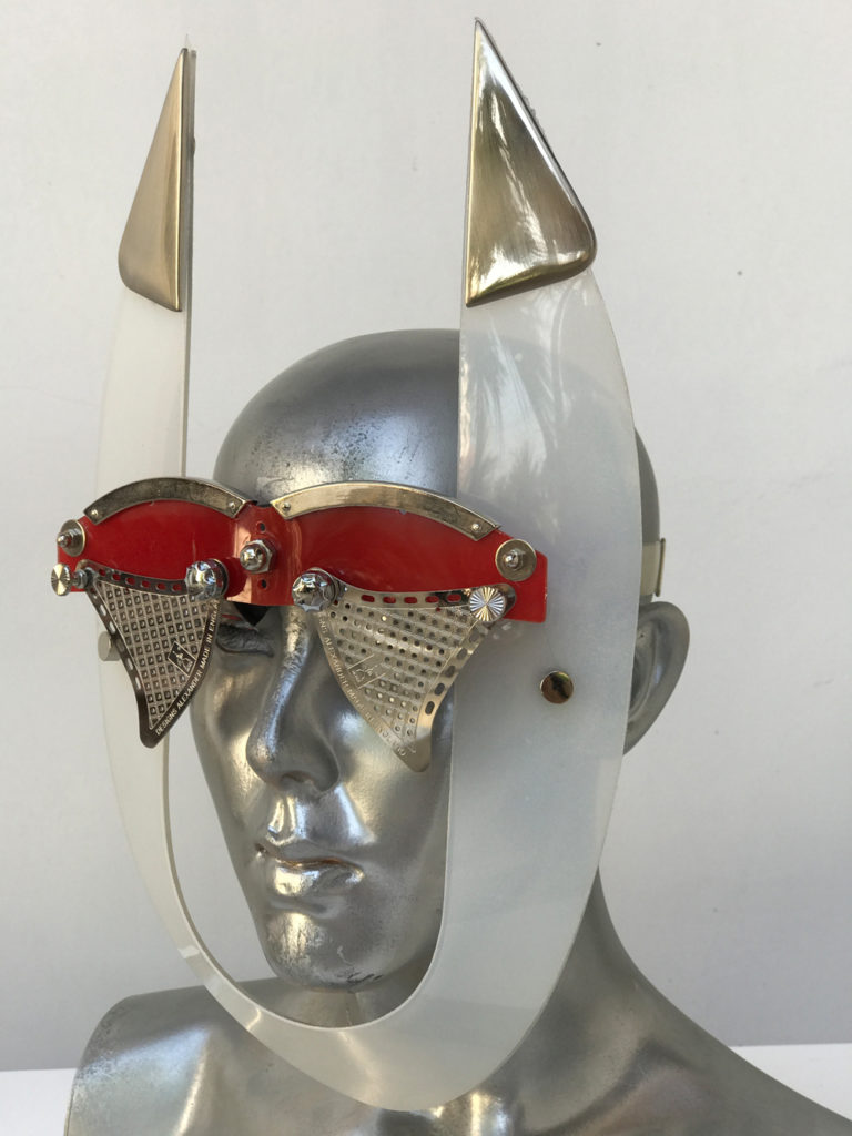 red white mask with horns perforated metal ocular lens metal components, styling video, Burning Man - Image 2