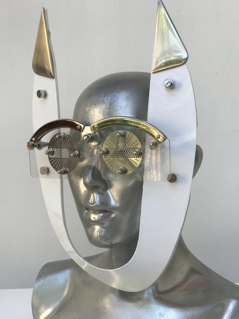 white mask with horns perforated metal ocular lens metal components, styling video, Burning Man - Image 2