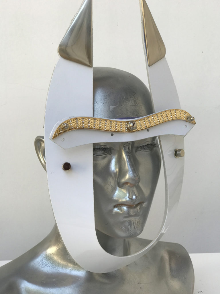 white eye wear mask with horns and metal components, styling video, Burning Man - Image 2