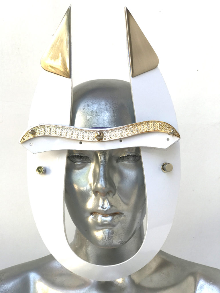 white eye wear mask with horns and metal components, styling video, Burning Man