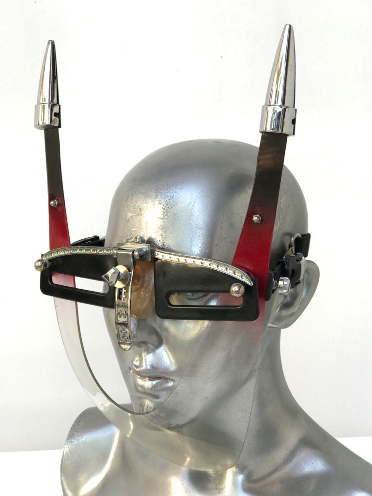 red black eye wear mask with horns and nose shield, styling Burning Man wearable art Hi Tek - Image 2