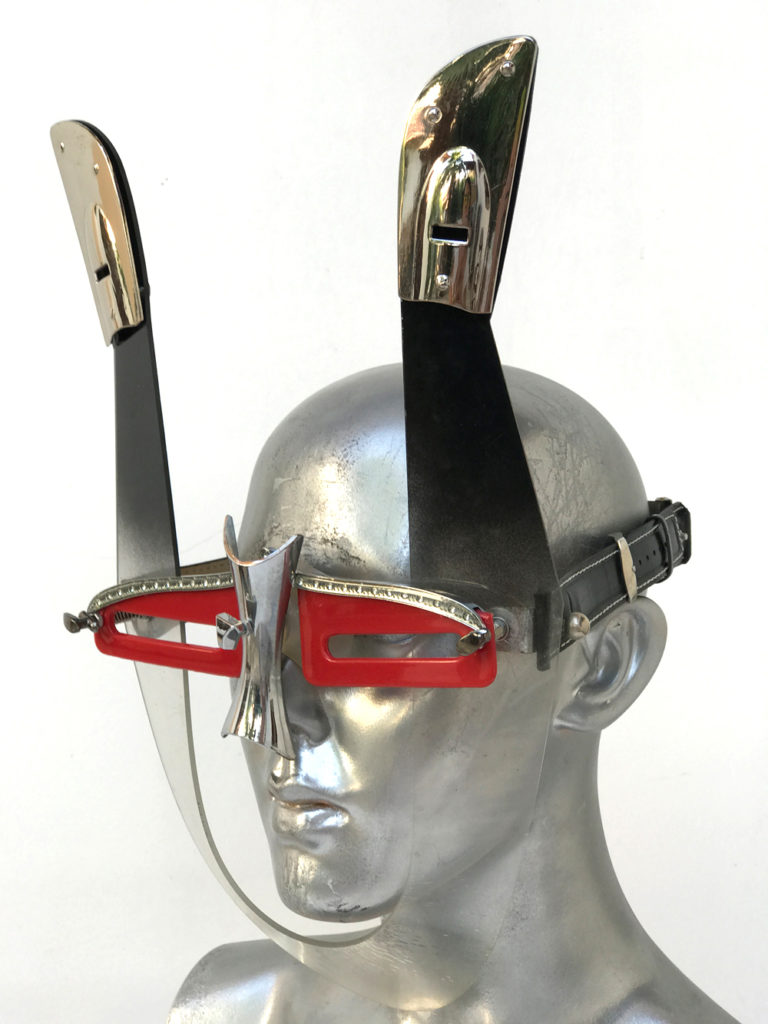 red black eye wear mask with horns and nose shield, styling Burning Man wearable art Hi Tek - Image 3
