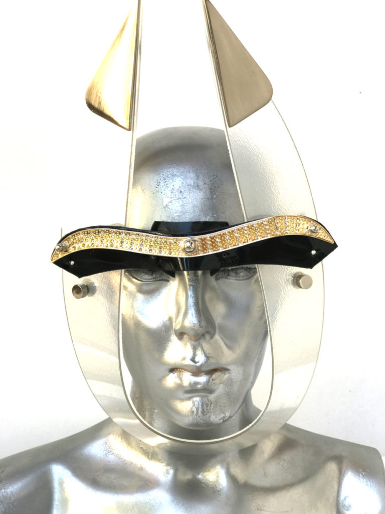 white eye wear mask with horns and metal components, styling video, Burning Man