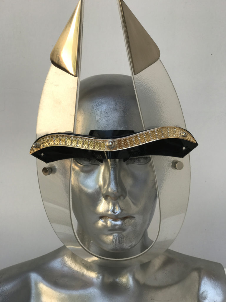 white eye wear mask with horns and metal components, styling video, Burning Man - Image 4