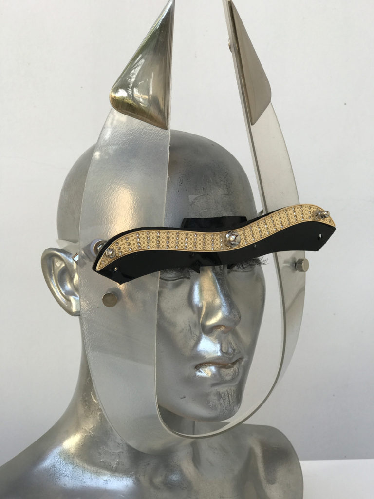 white eye wear mask with horns and metal components, styling video, Burning Man - Image 2