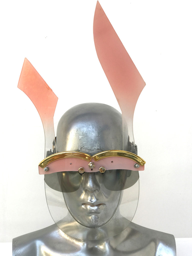 pink mask with ears, wearable art, unusual eye wear, styling video Hi Tek