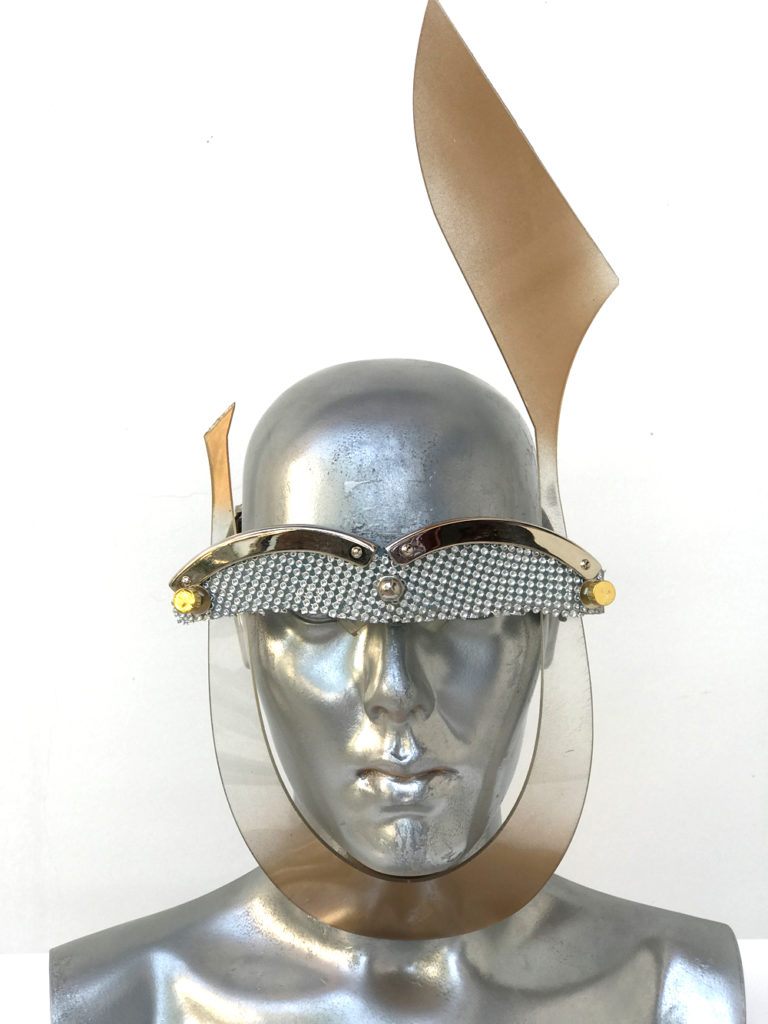 gold mask with rabbit ear, wearable art, unusual eye wear, styling video,