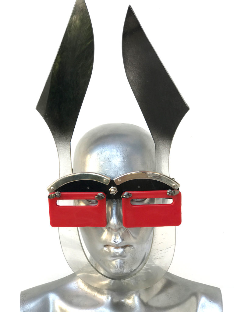 black and red mask with ears unusual eye wear styling, video, filming, perfoming Hi Tek