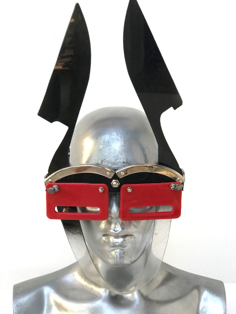 black and red mask with blade ears unusual eye wear styling, video, filming, performing Hi Tek