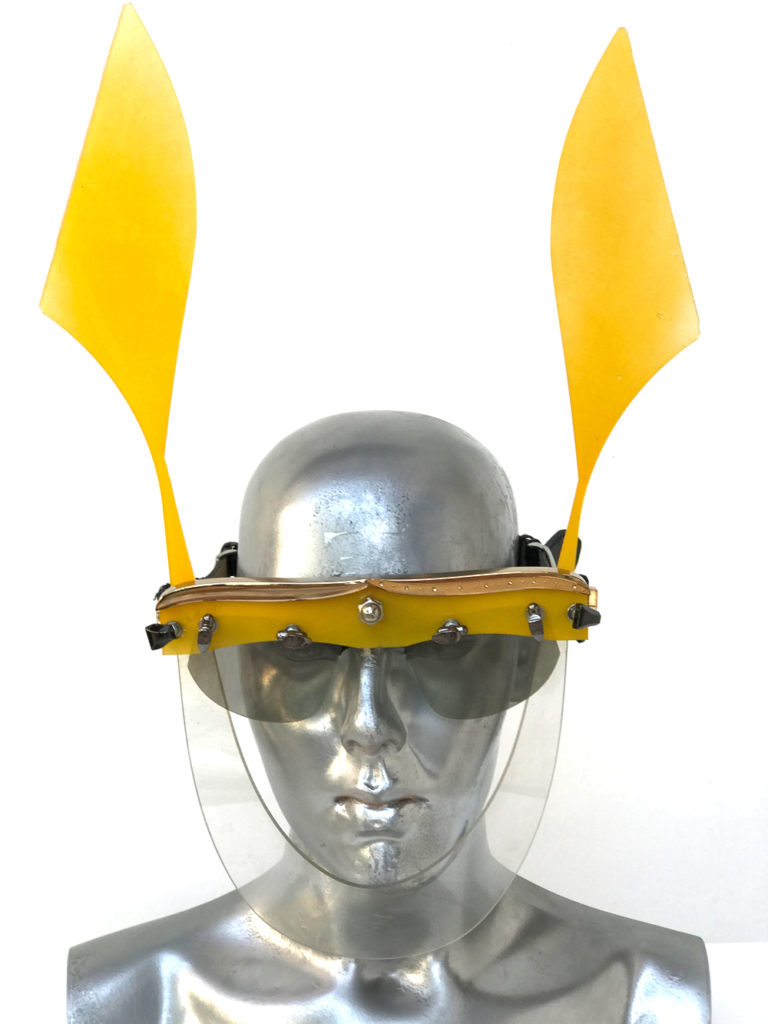 yellow mask with ears, wearable art, unusual eye wear, styling video Hi Tek