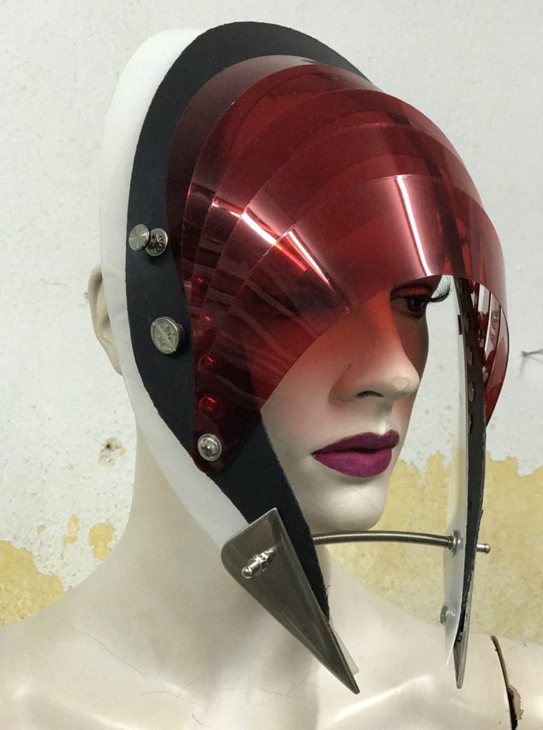 Unusual Head Wear futuristic, mask hat headpiece helmet modern Steampunk wearable art red black