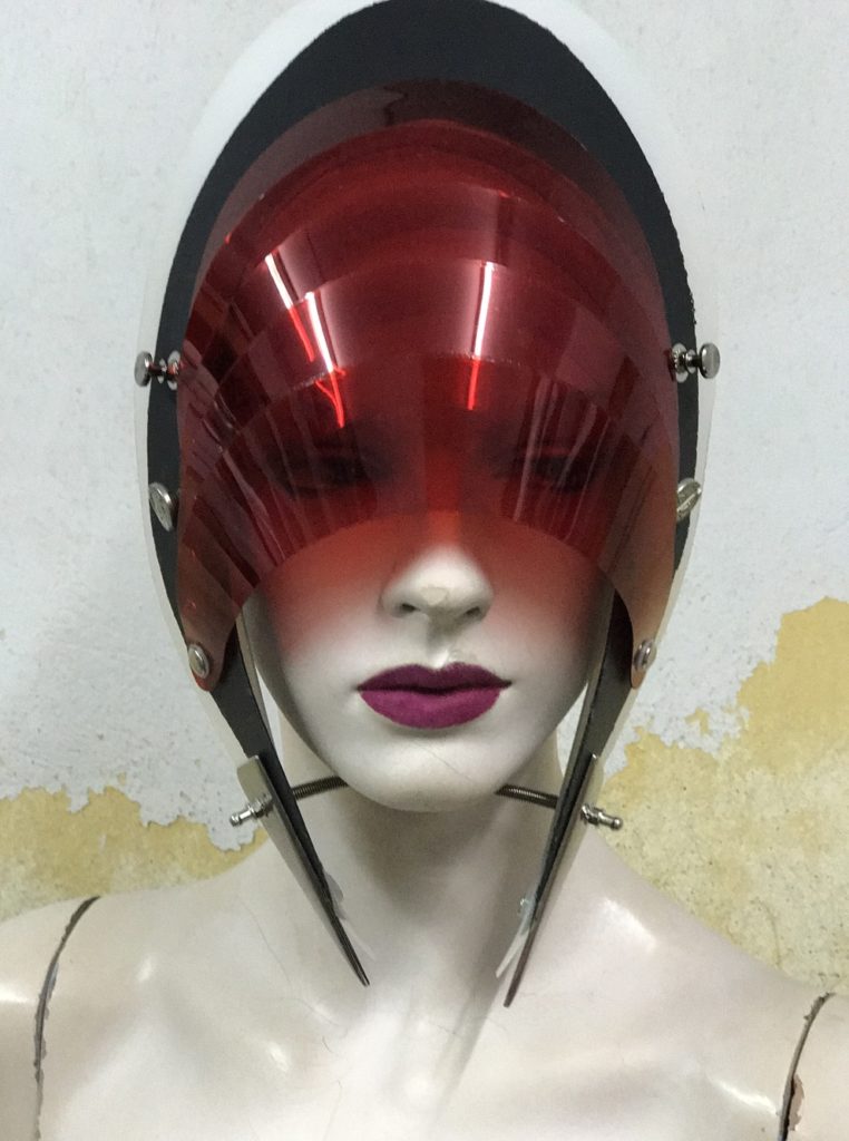 Unusual Head Wear futuristic, mask hat headpiece helmet modern Steampunk wearable art red black - Image 3
