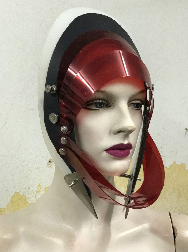 Unusual Head Wear futuristic, mask hat headpiece helmet modern Steampunk wearable art red black - Image 2