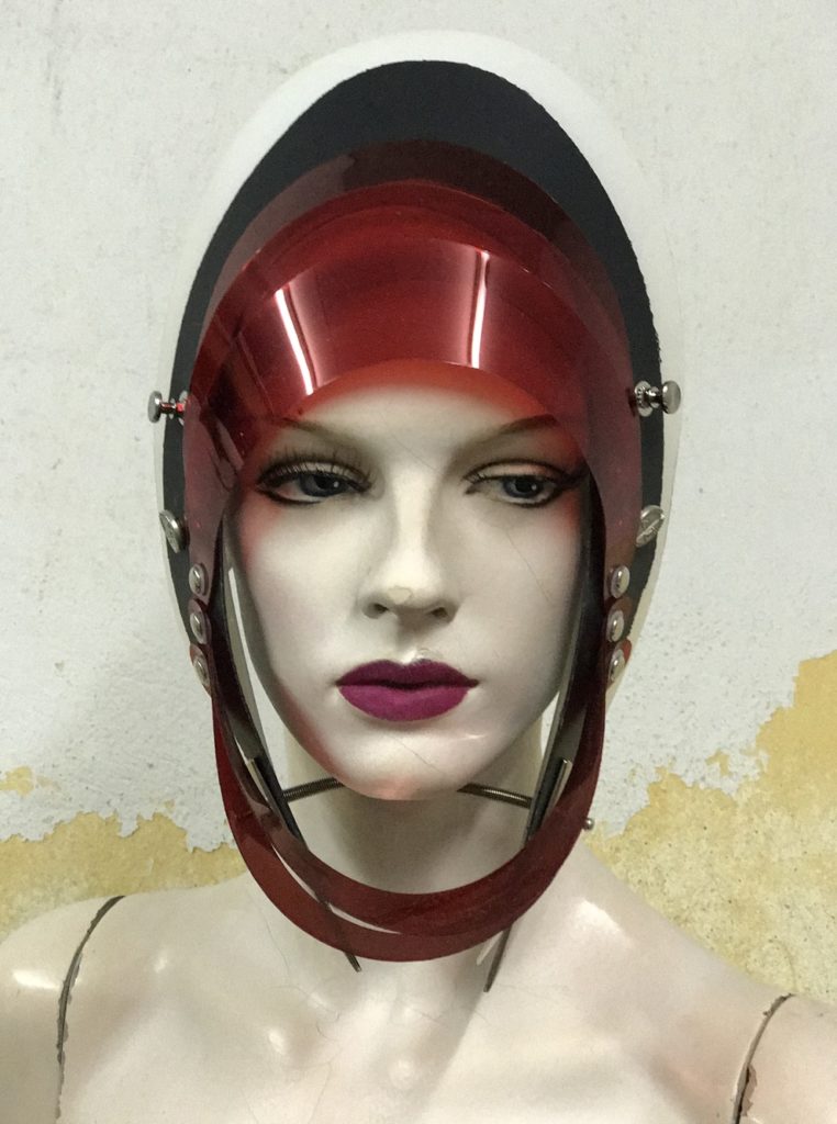 Unusual Head Wear futuristic, mask hat headpiece helmet modern Steampunk wearable art red black - Image 4