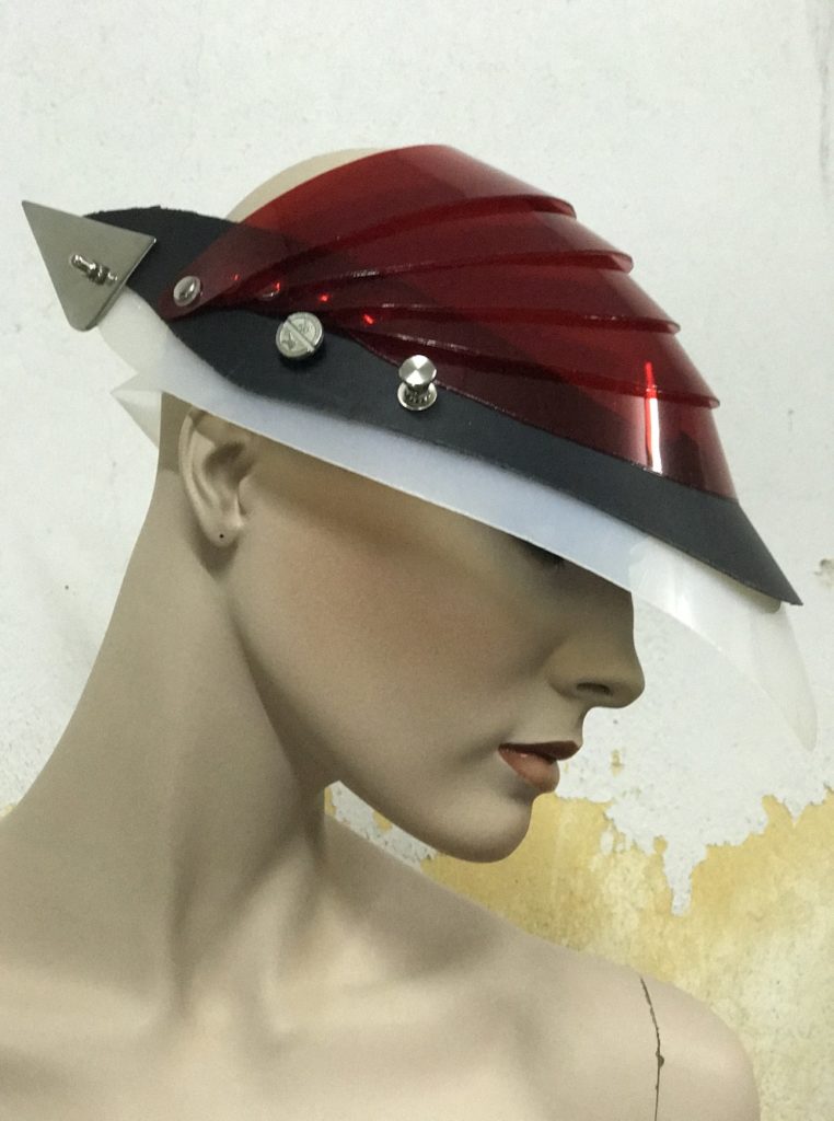 Unusual Head Wear futuristic, mask hat headpiece helmet modern Steampunk wearable art red black - Image 5