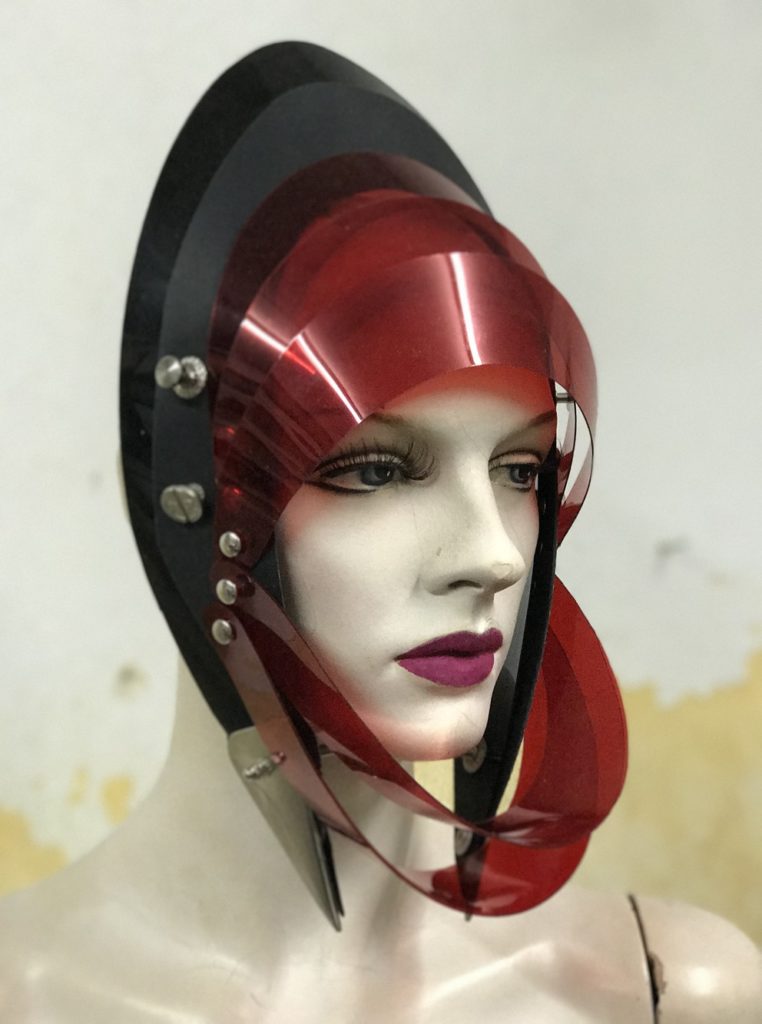 Unusual Head Wear futuristic, mask hat headpiece helmet modern Steampunk wearable art red black - Image 3