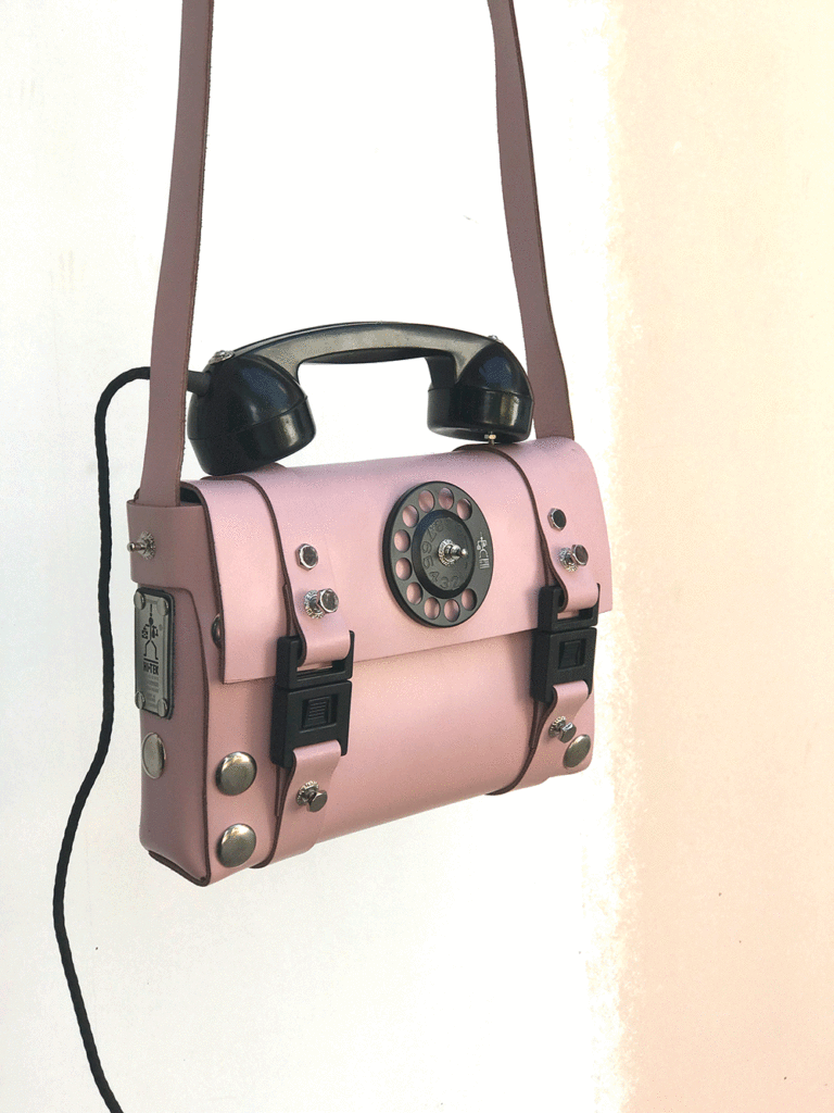 pink leather shoulder bag for women unusual handle vintage telephone limited edition - Image 4