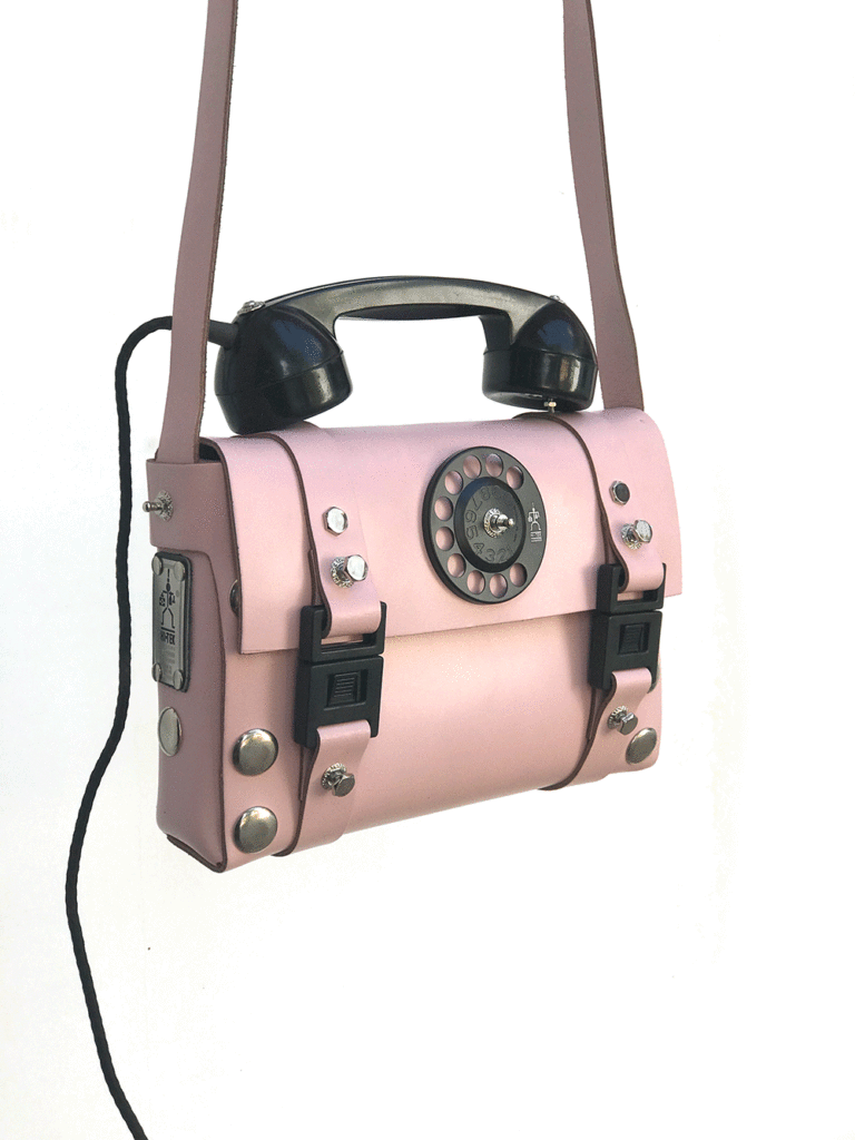 pink leather shoulder bag for women unusual handle vintage telephone limited edition - Image 2